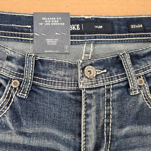 Buckle BKE Tyler Straight Leg Jeans Mens 32x34 Blue Stretch Whiskered Denim - Picture 13 of 15
